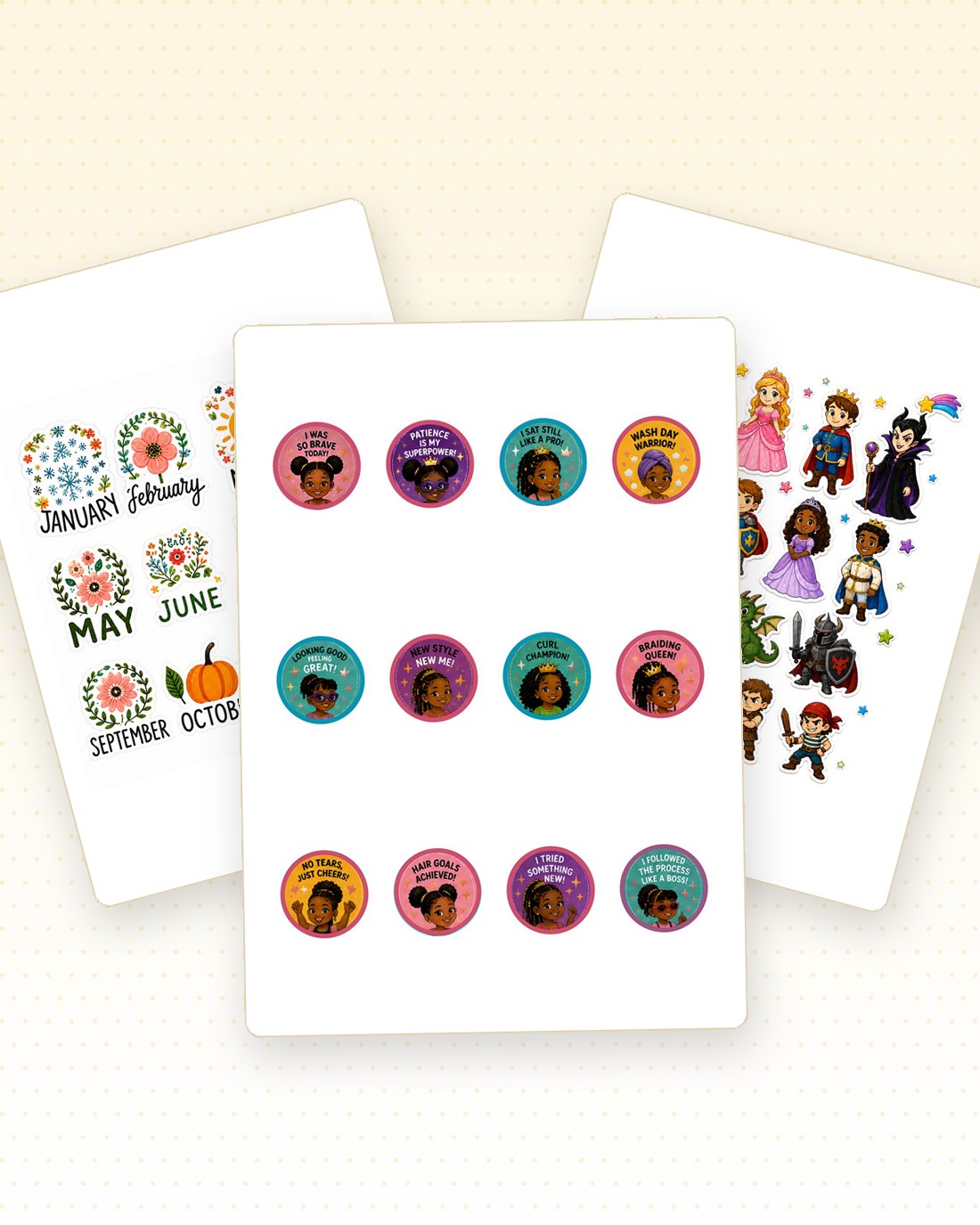 Three A5 sticker sheets fanned out: journal stickers, Afro hairstyle reward stickers, and story book character stickers.