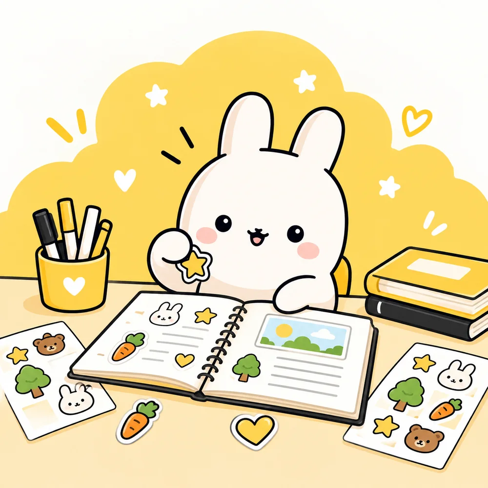 A bunny at a desk peeling a star sticker onto an open journal, with kiss-cut sticker sheets of trees, carrots, bears and bunnies laid out either side.